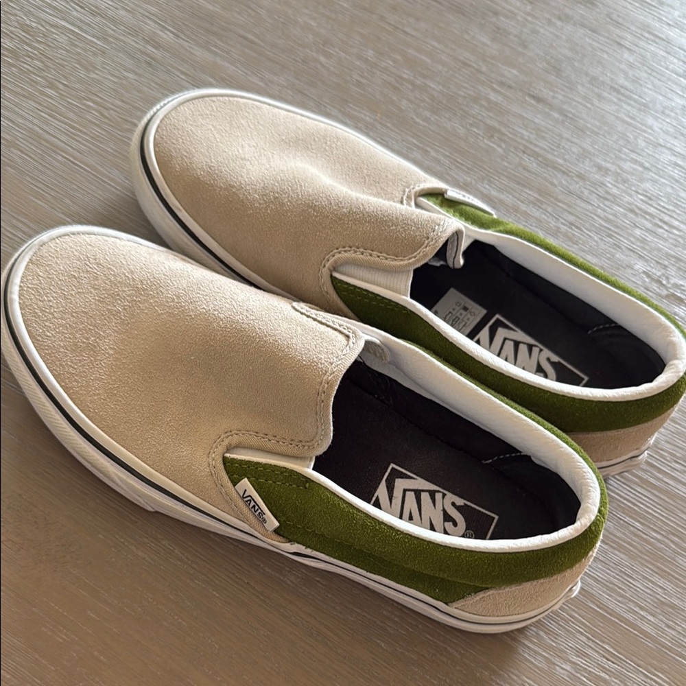Vans Women’s Slip-Ons Cream and Green Suede